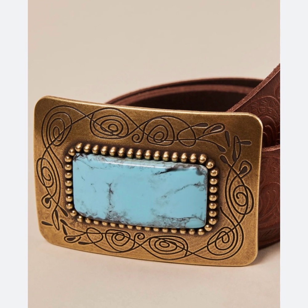 Lucky Brand BIG BUCKLE EMBOSSED BELT Sz M Brown Leather Brass/Turquoise Buckle